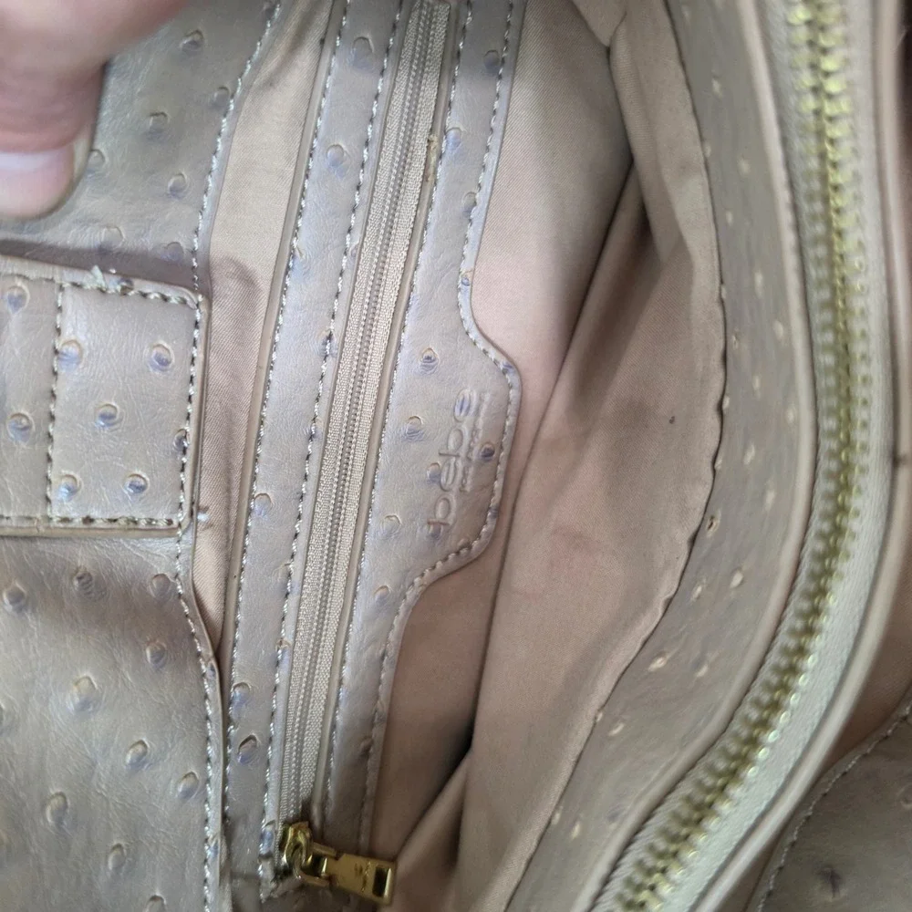 Bebe Los Angeles Ostrich Embossed Satchel Handbag Taupe Braided Handle Gold Tone